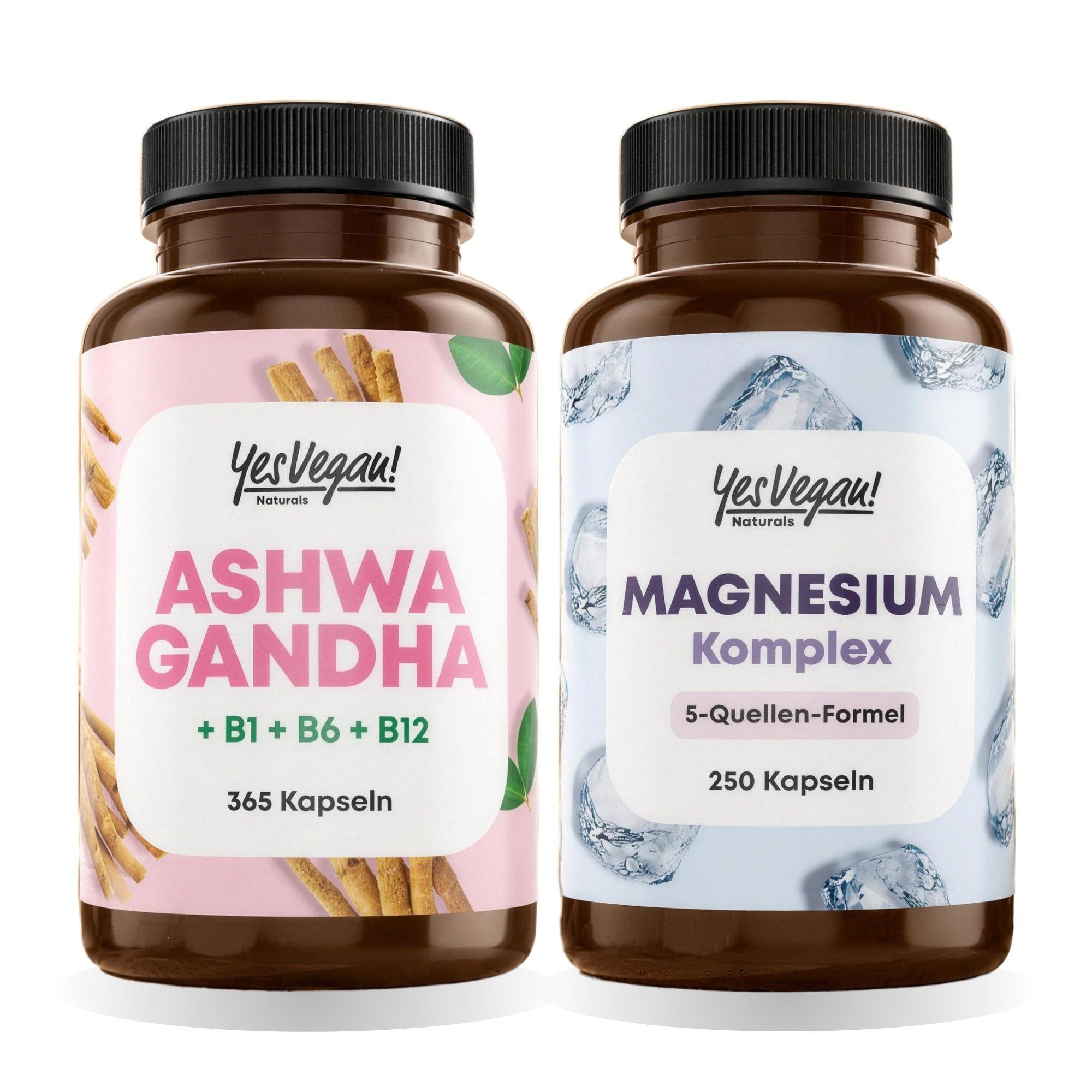 Zwei Flaschen Nahrungsergänzungsmittel: Ashwagandha mit B-Vitaminen (365 Kapseln) und Magnesium Komplex (250 Kapseln).
