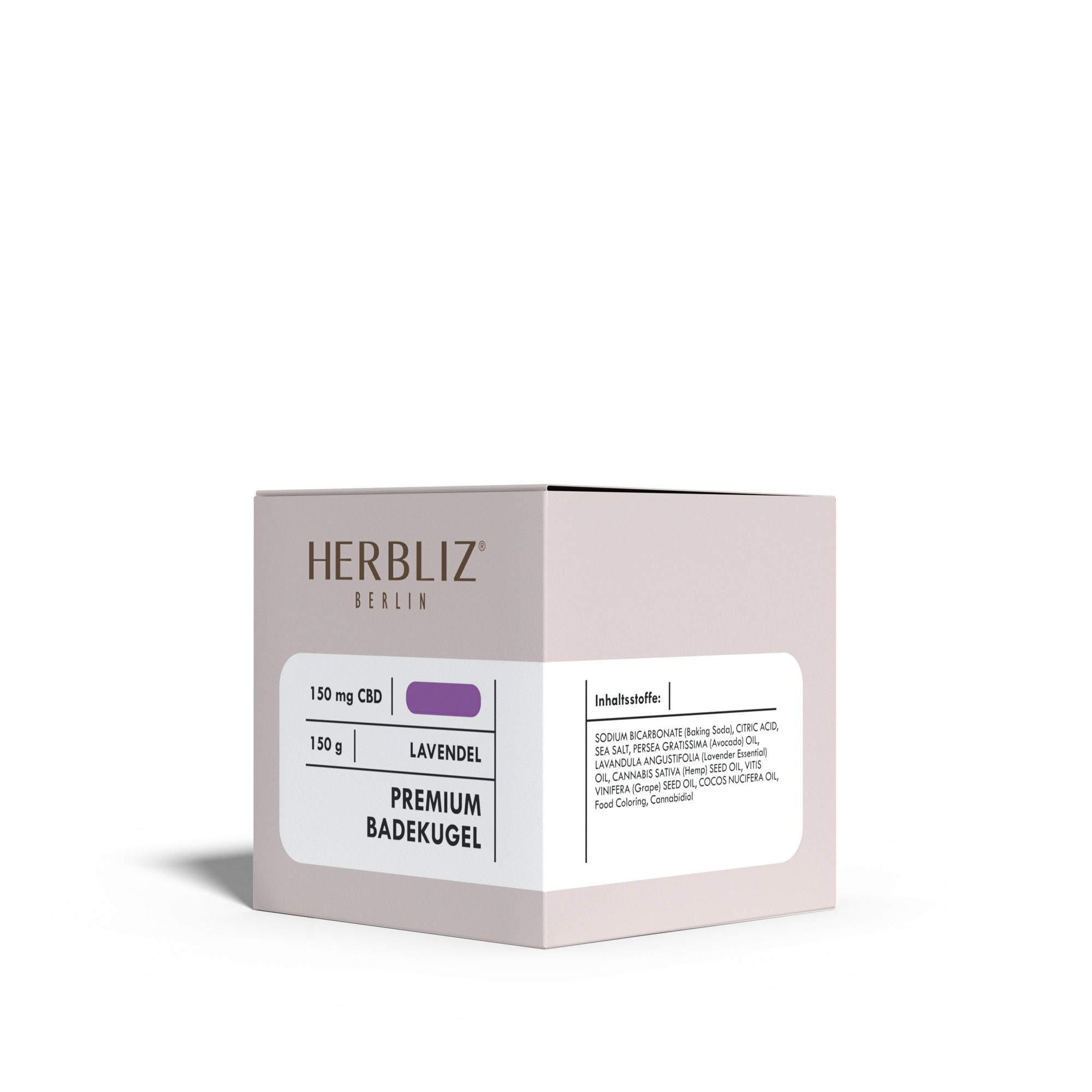 Verpackung mit Text: HERBLIZ, 150 mg CBD, Lavendel, Premium Badekugel. Inhaltsstoffe.