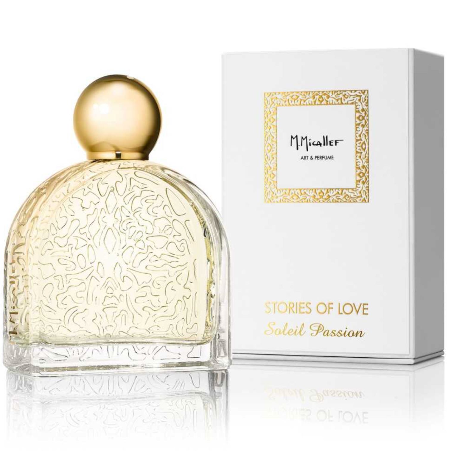 Parfümflakon mit goldfarbenem Verschluss und weißer Verpackung. Aufschrift: M.Micallef, Stories of Love, Soleil Passion.