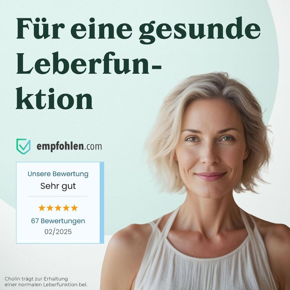 Porträt einer Frau mit blonden Haaren. Text: Für eine gesunde Leberfunktion. Bewertung: Sehr gut, 5 Sterne, 67 Bewertungen, 02/2025.