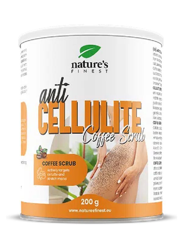Dose mit Anti-Cellulite-Kaffee-Peeling. Orangefarbener Boden, weißer Deckel. Aufschrift: Nature's Finest, Anti Cellulite Coffee Scrub, 200 g.