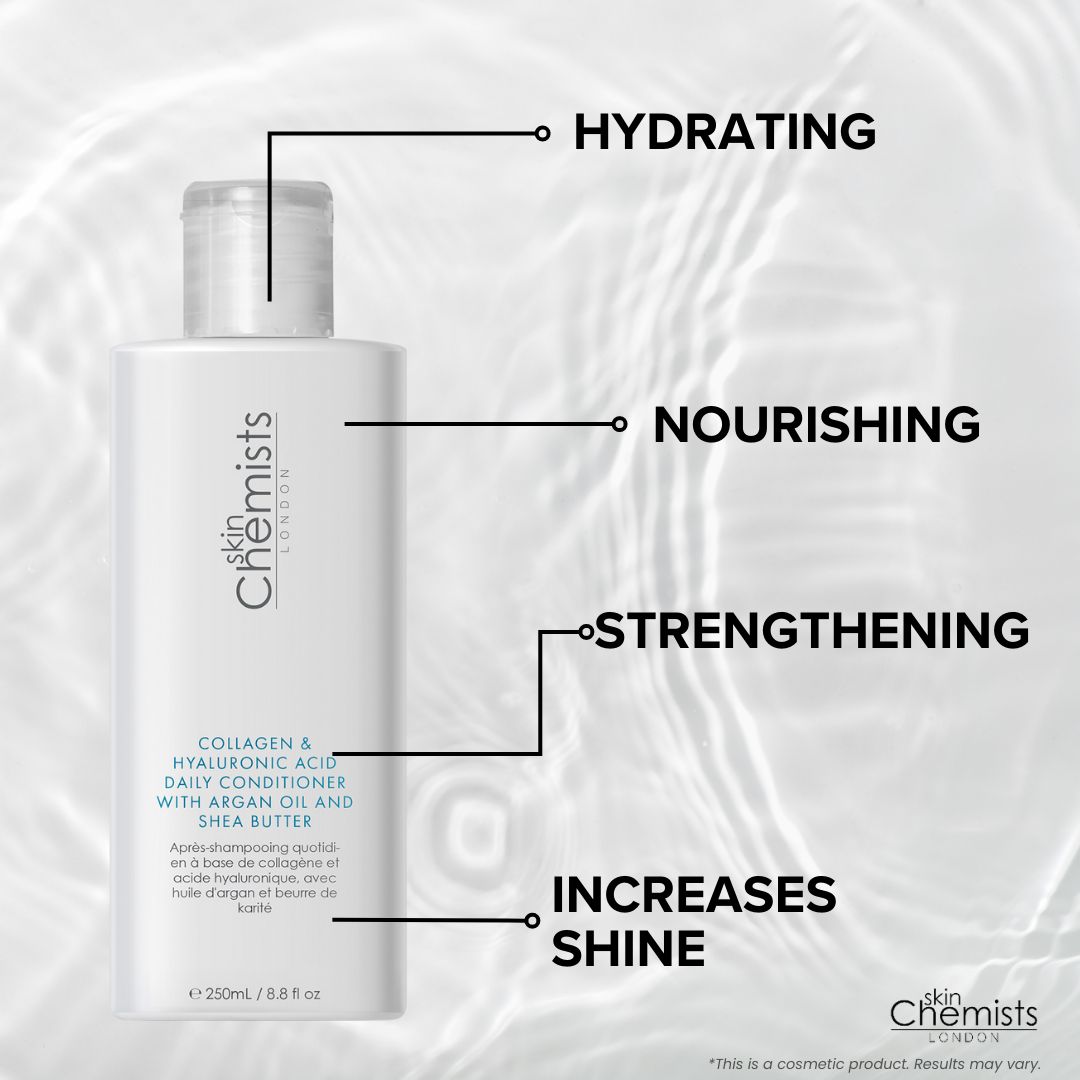 SkinChemists Spülung: feuchtigkeitsspendend, nährend, stärkend, glanzsteigernd. Mit Kollagen, Hyaluronsäure, Arganöl, Sheabutter.