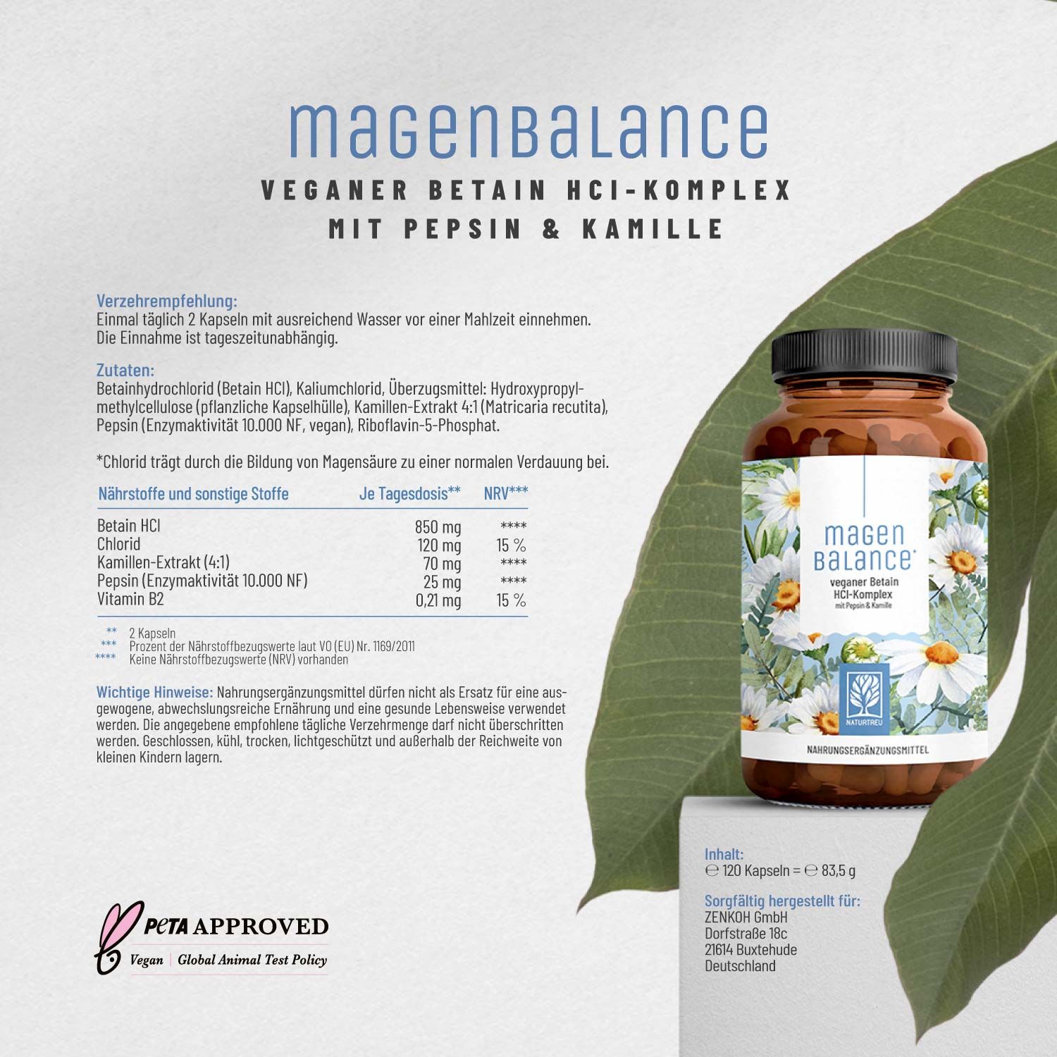 Betain HCI-Komplex mit Pepsin & Kamille - Magenbalance - NATURTREU®