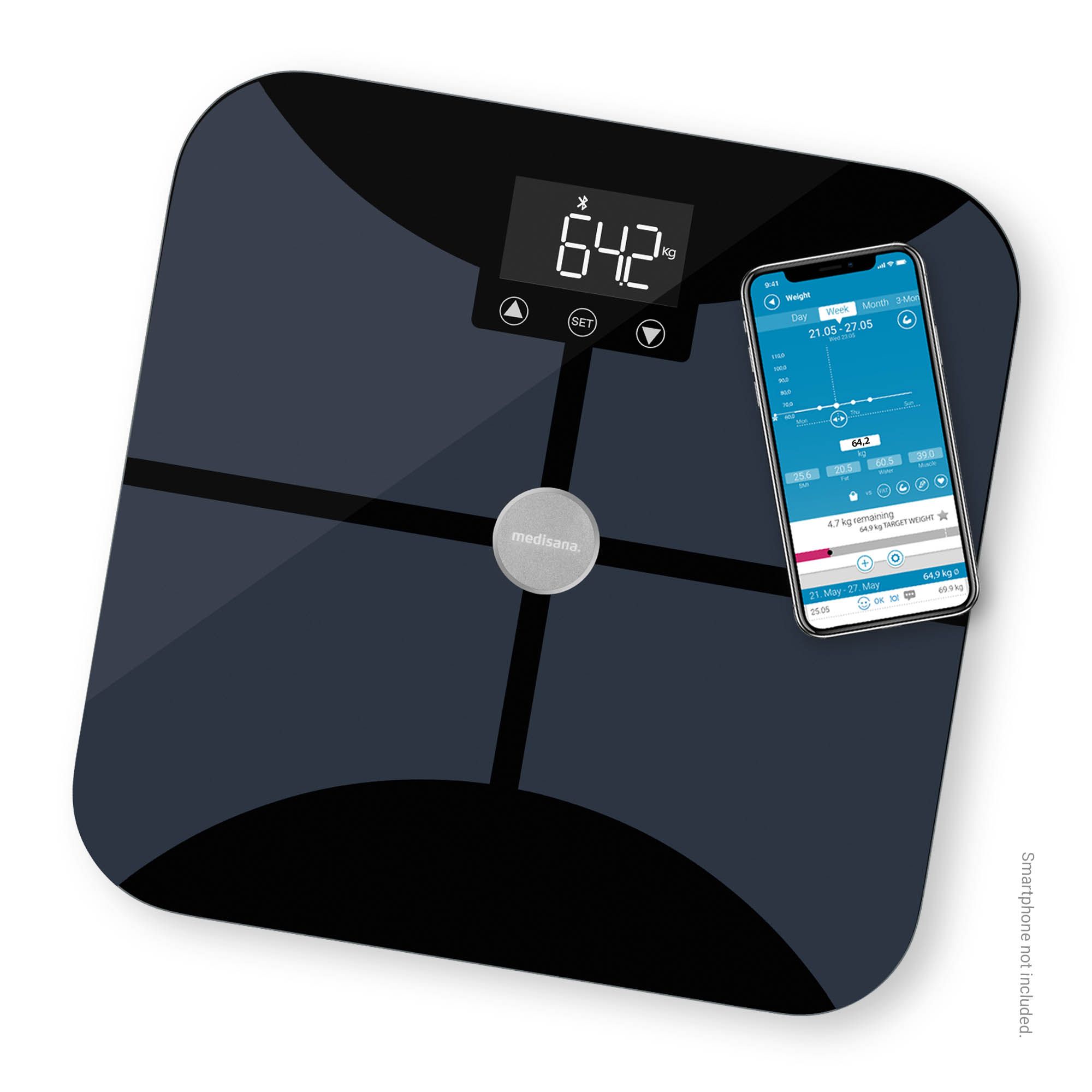 Körperanalysewaage, schwarz, mit digitaler Anzeige und Smartphone daneben. Anzeige: 64,2 kg.