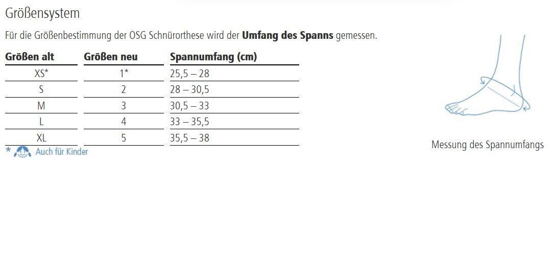 Größentabelle für OSG Schnürorthese. Größen XS bis XL. Illustration: Fuß mit Maßband.