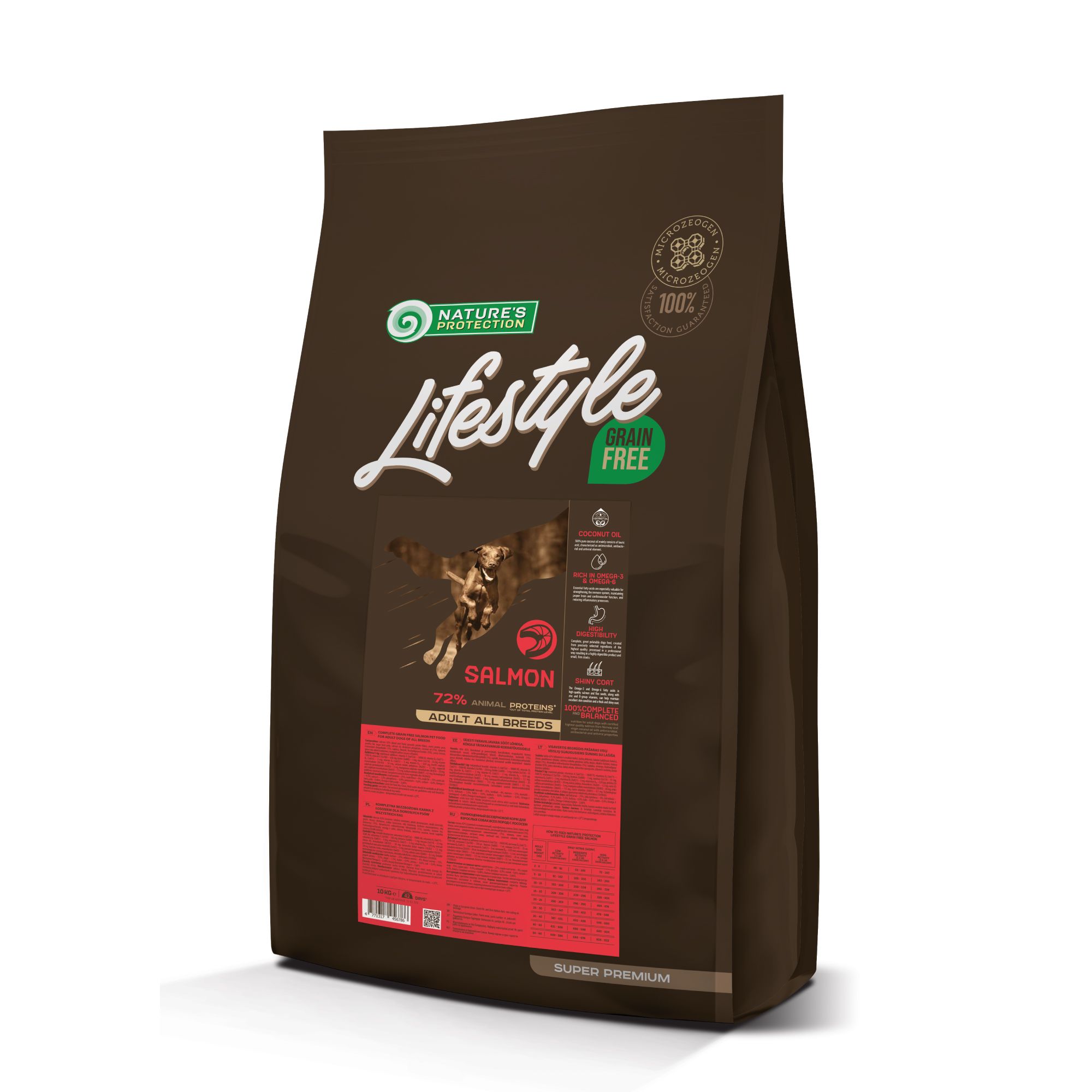Braune Tüte mit Aufschrift Lifestyle, Logo, und Text. Enthält Lachs und Kartoffel. Getreidefrei. Für Hunde.
