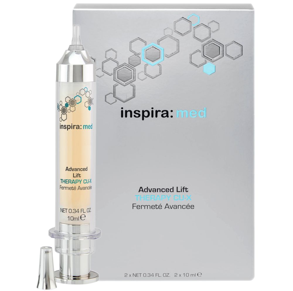Produkt inspira:med Advanced Lift Therapy CU-X. Flasche mit Serum und Verpackung. Aufschrift: Advanced Lift Therapy CU-X, Fermeté Avancée.