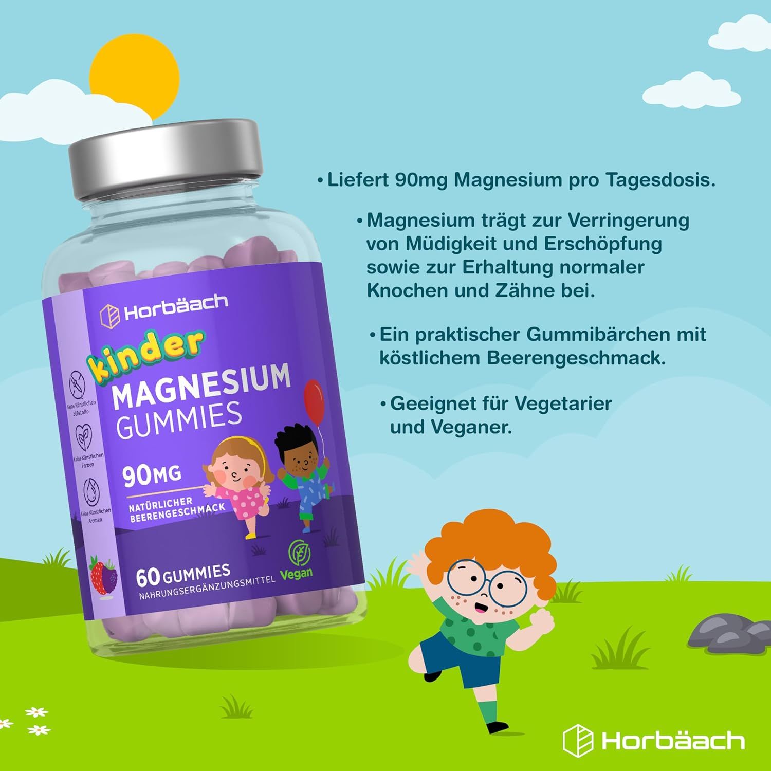Horbaach Kinder Magnesium Gummies Flasche. Text: 90mg Magnesium pro Tagesdosis. Geeignet für Vegetarier und Veganer. Mit Illustrationen.
