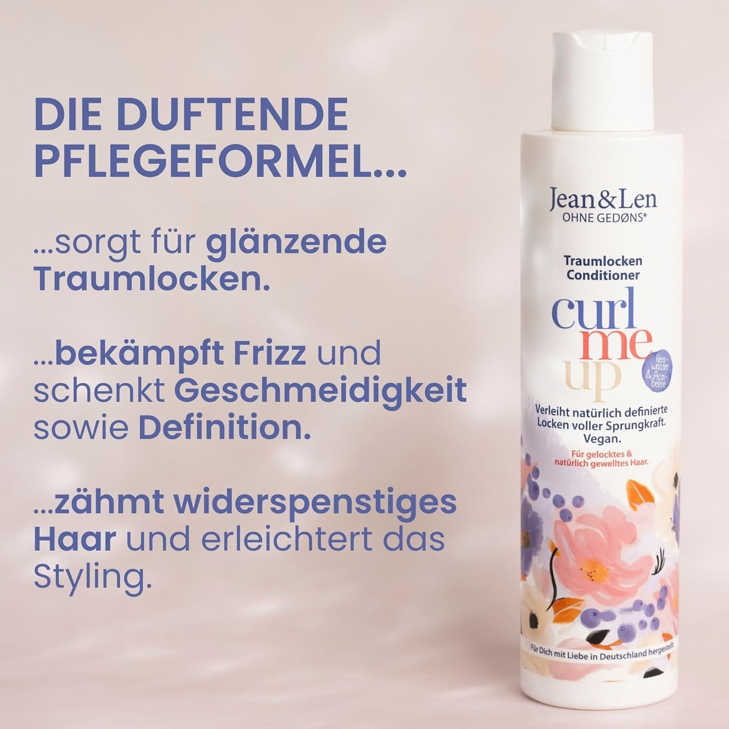 Flasche Jean & Len Traumlocken Conditioner. Text: Die duftende Pflegeformel... sorgt für glänzende Traumlocken.