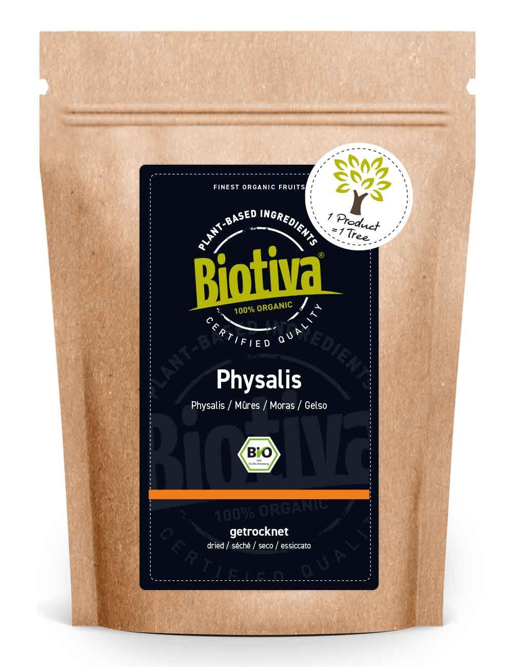 Braune Tüte mit schwarzem Etikett. Biotiva, Physalis, Bio-Siegel und 100% Organic. Runde Auszeichnung: 1 Product = 1 Tree.