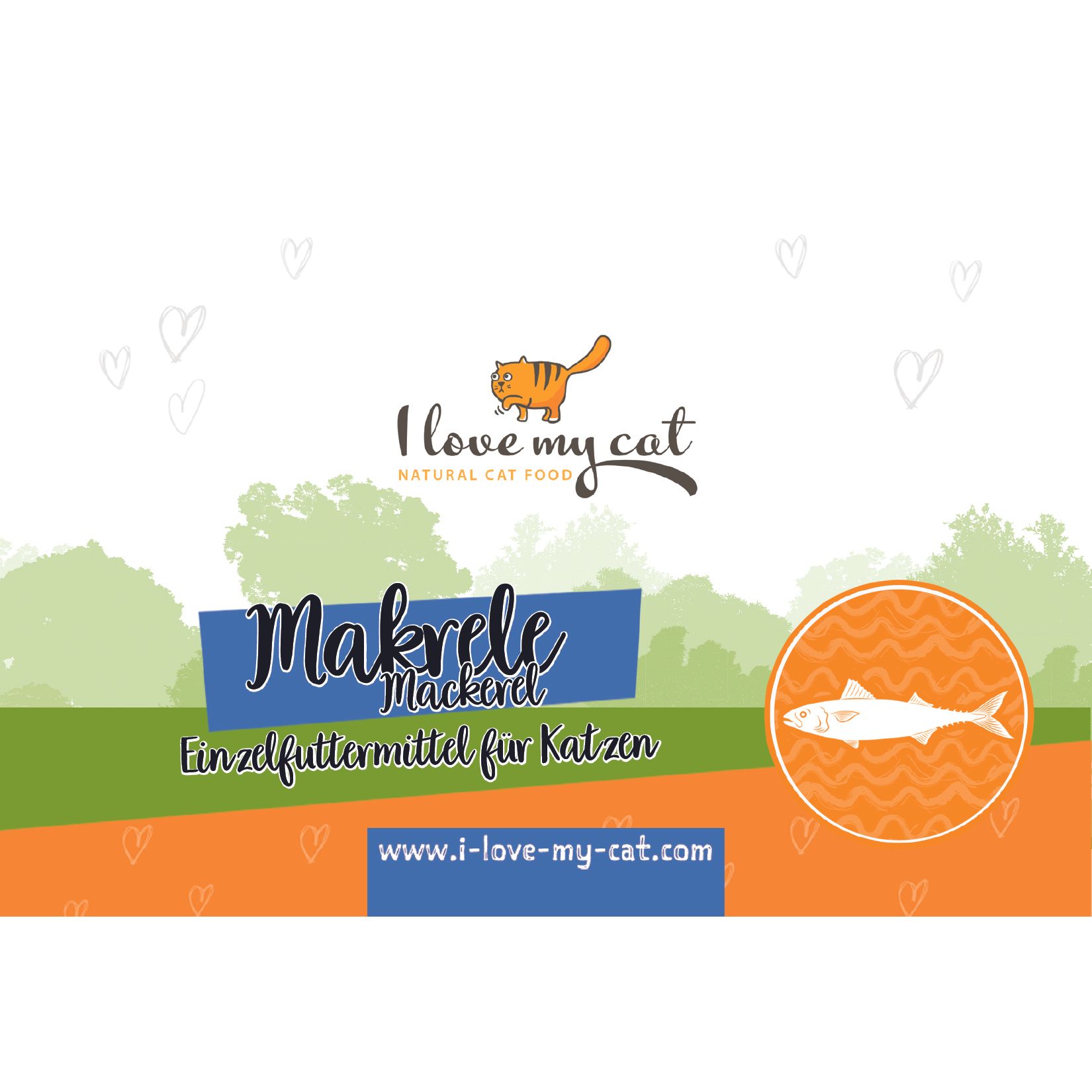 Produktwerbung mit Logo "I love my cat". Text: Makrele, Einzelfuttermittel für Katzen. Fisch-Illustration.