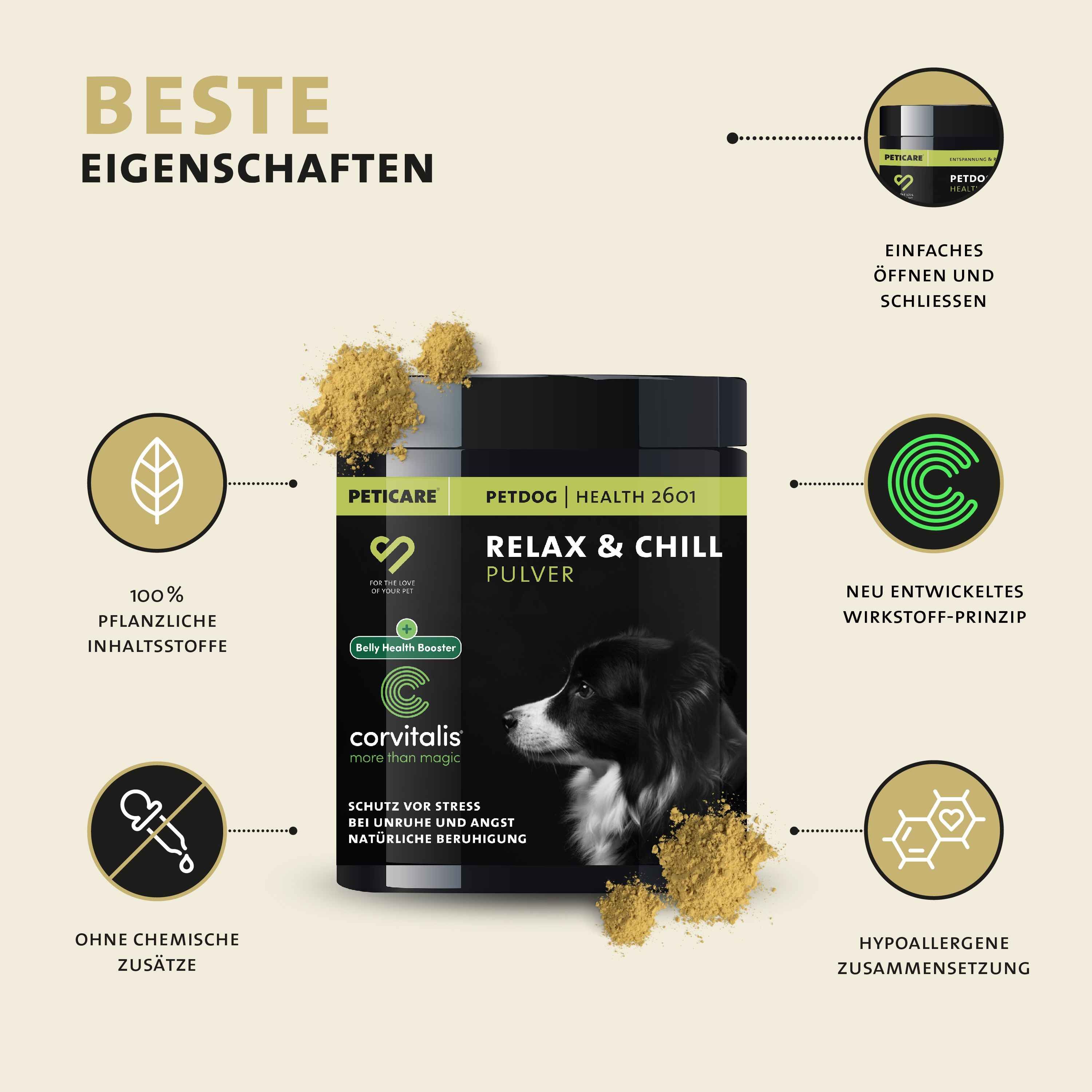 Produkt: Peticare Relax & Chill Pulver. Eigenschaften: 100% pflanzliche Inhaltsstoffe, ohne chemische Zusätze.