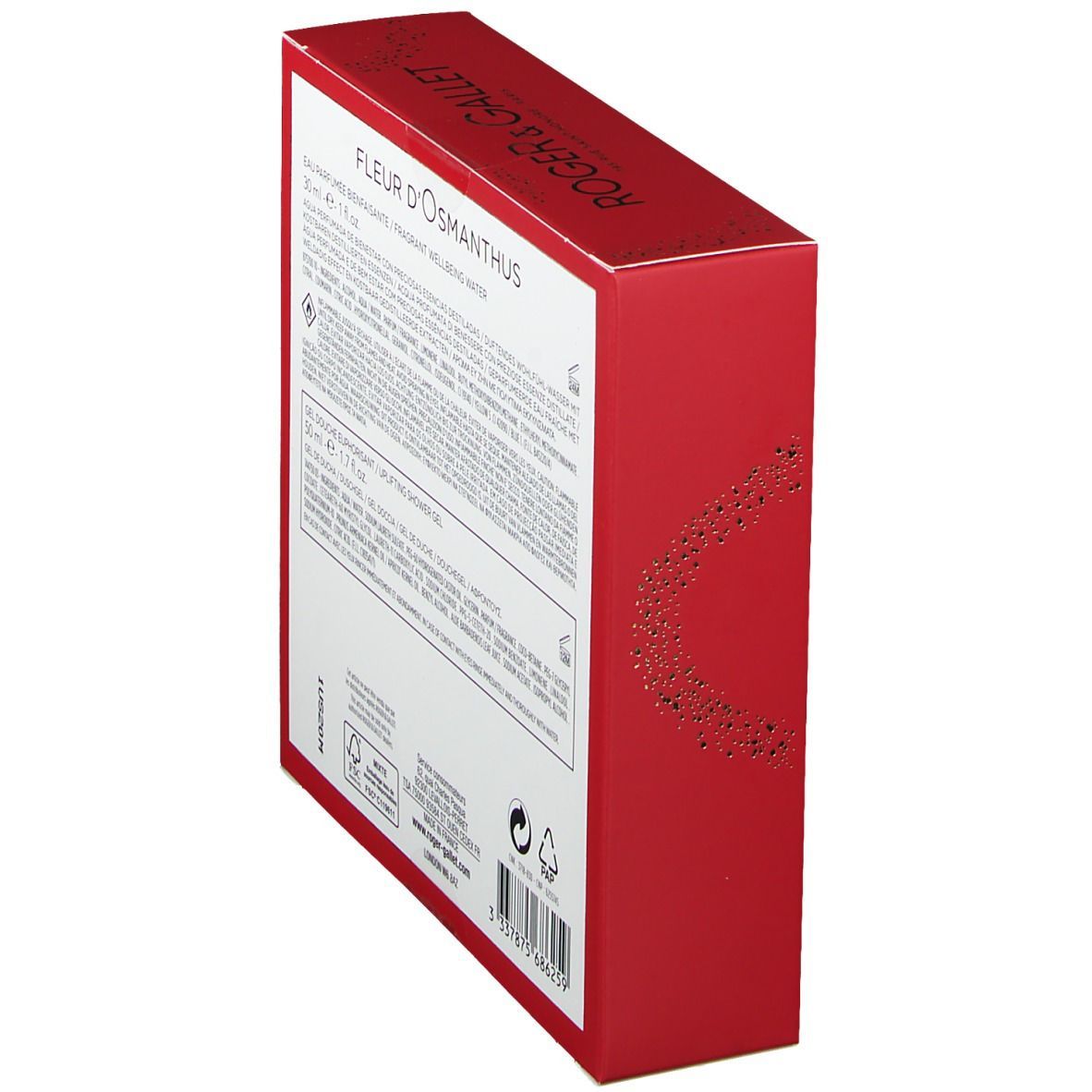 Schrägansicht der Geschenkbox. Rote Verpackung mit Text und Logo. Produktname deutlich sichtbar.