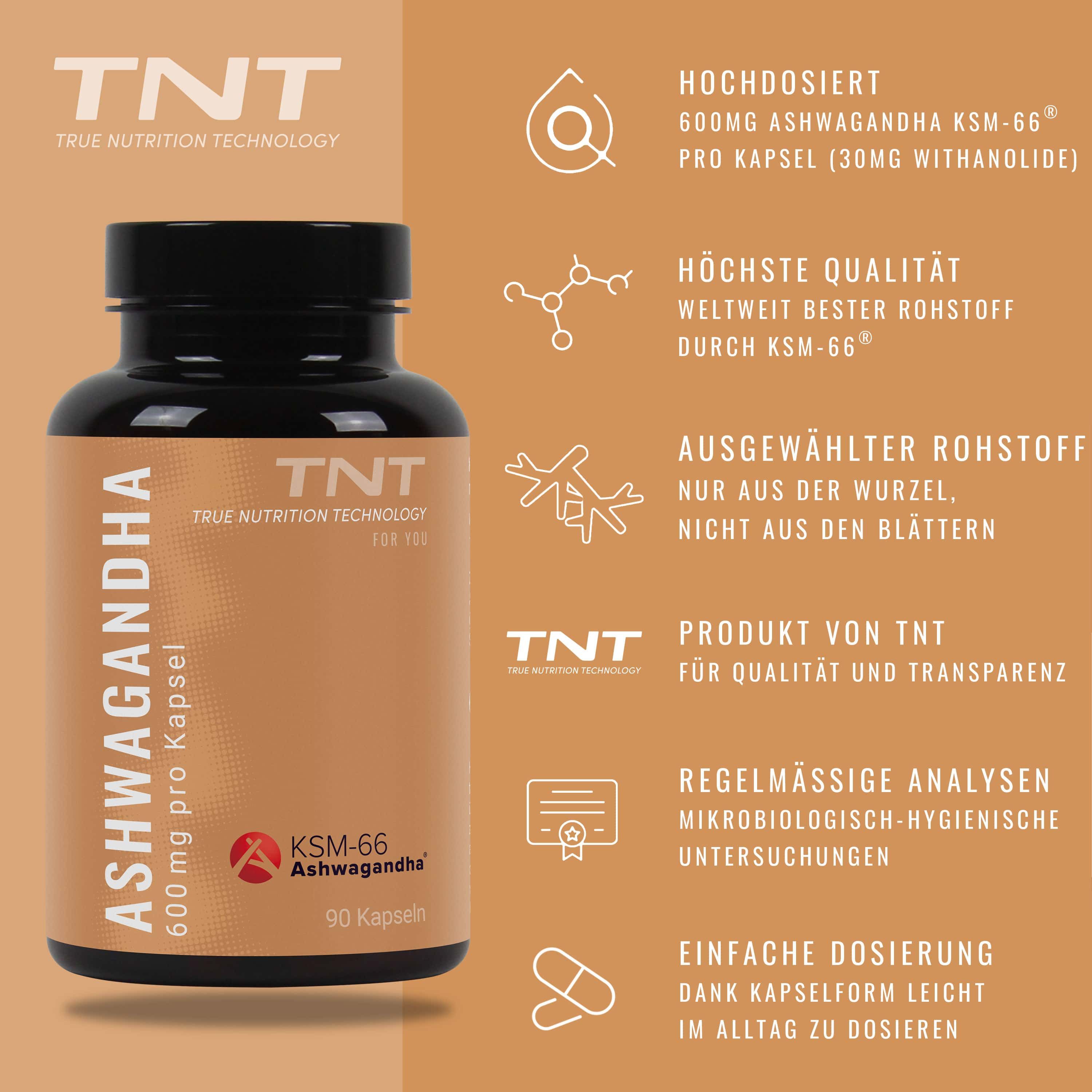 Braune Flasche mit "Ashwagandha"-Etikett, "TNT"-Logo und Infografiken. Text: "Höchste Qualität", "Ausgewählter Rohstoff", "Produkt von TNT".