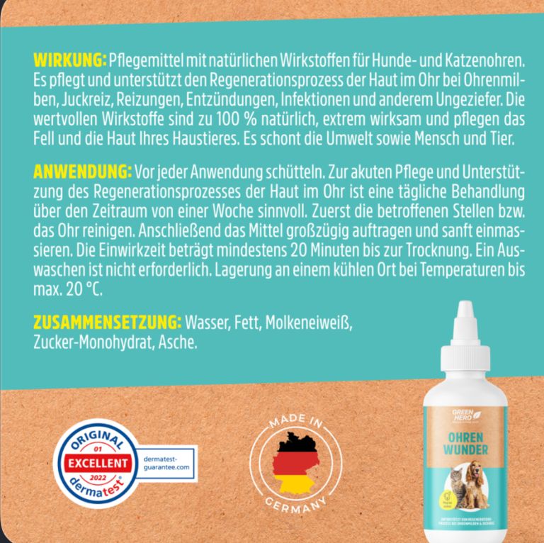 Text: Wirkung: Pflegemittel mit natürlichen Wirkstoffen. Anwendung: Vor jeder Anwendung schütteln. Zusammensetzung: Wasser, Fett, Molkeneiweiß, Zucker-Monohydrat, Asche. Siegel.