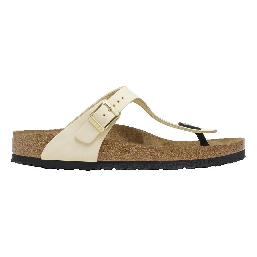 Sandalo Birkenstock Gizeh, tomaia color crema, plantare in sughero, fibbia regolabile.
