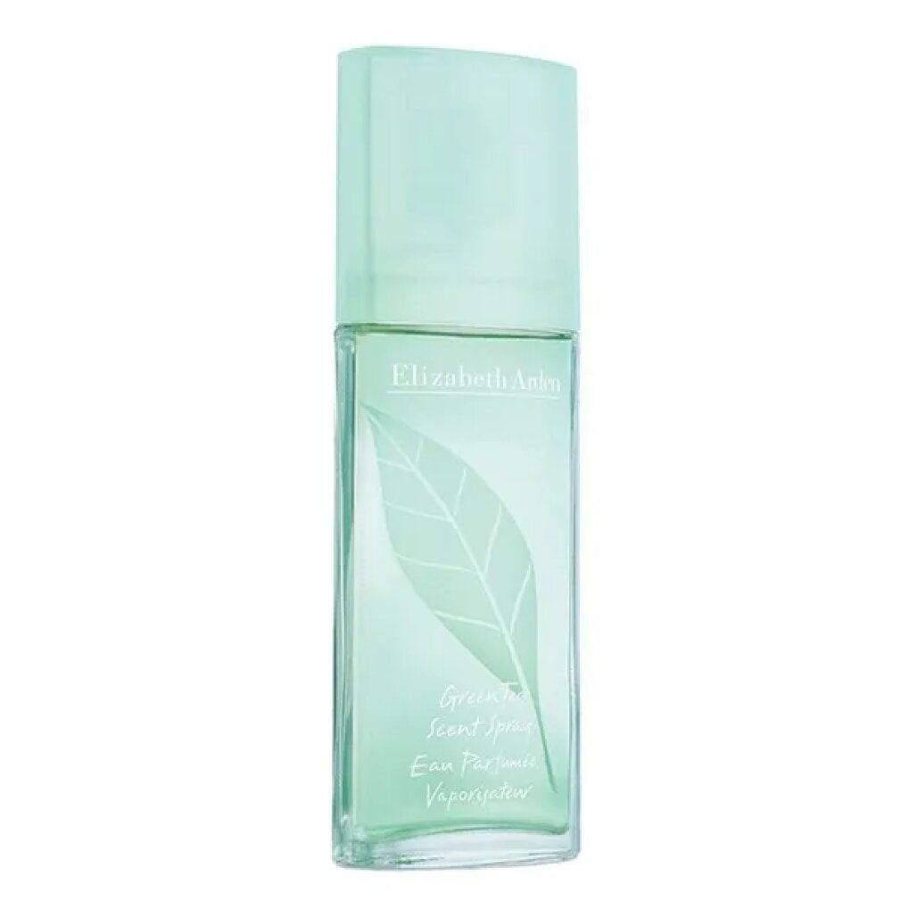 Elizabeth Arden Green Tea Scent Spray Flakon. Grüner Deckel. Blatt-Logo. Text: Eau Parfumée Vaporisateur. Klarer Glasflakon.