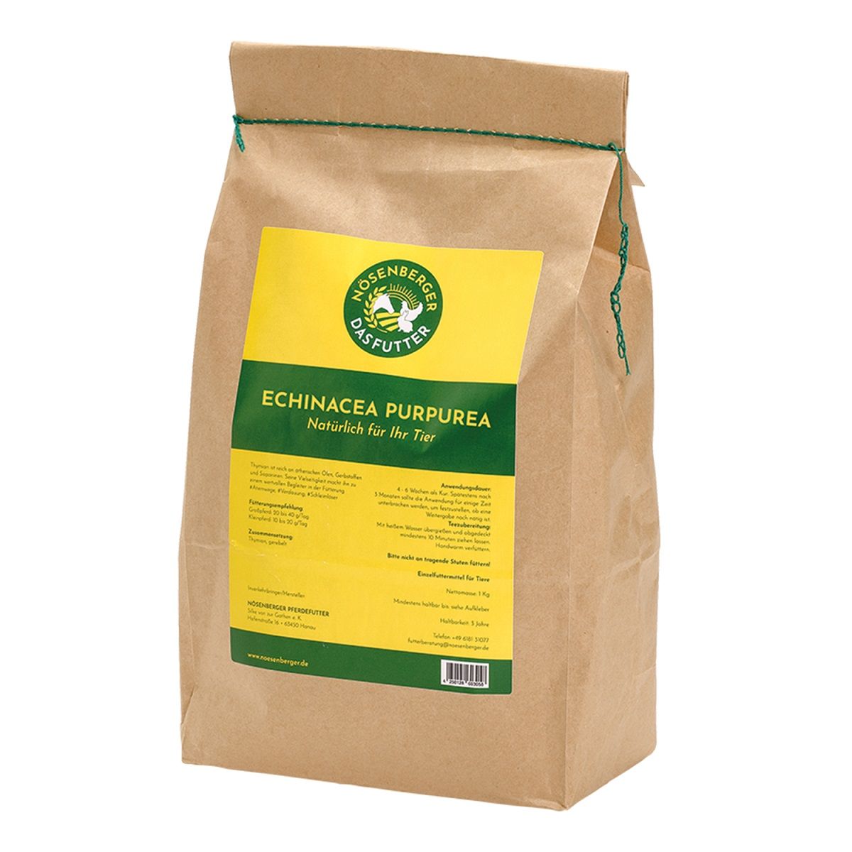 Braune Papiertüte mit gelbem Etikett. Aufschrift: Nösenberger Dasfutter, Echinacea purpurea. Grüne Kordel zum Verschließen.