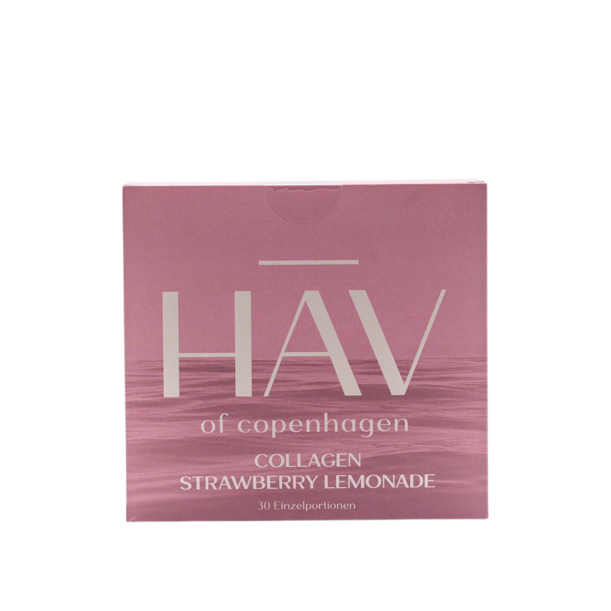 Rosa Karton mit HAV Collagen Strawberry Lemonade Schriftzug. 30 Einzelportionen.