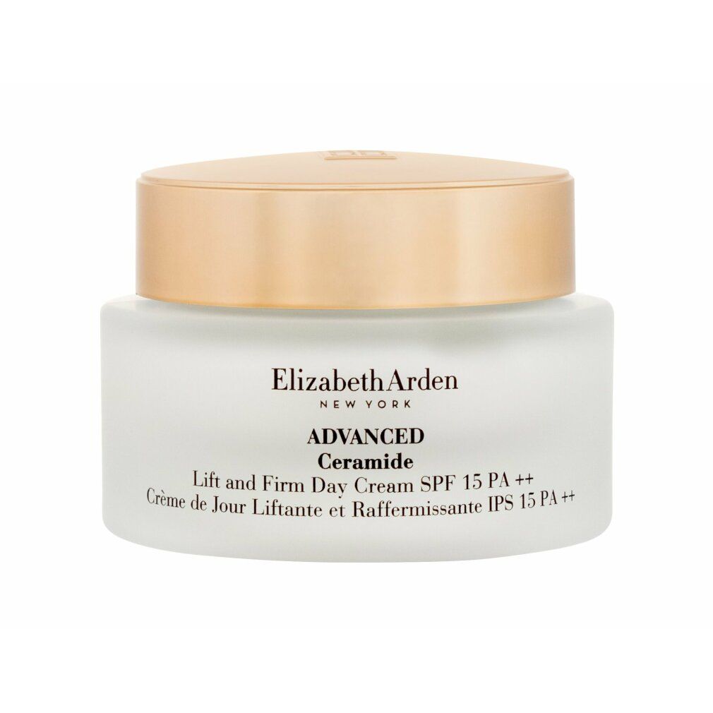 Creme-Glas mit goldenem Deckel. Aufschrift: Elizabeth Arden, Advanced Ceramide, Lift and Firm Day Cream SPF 15 PA ++.