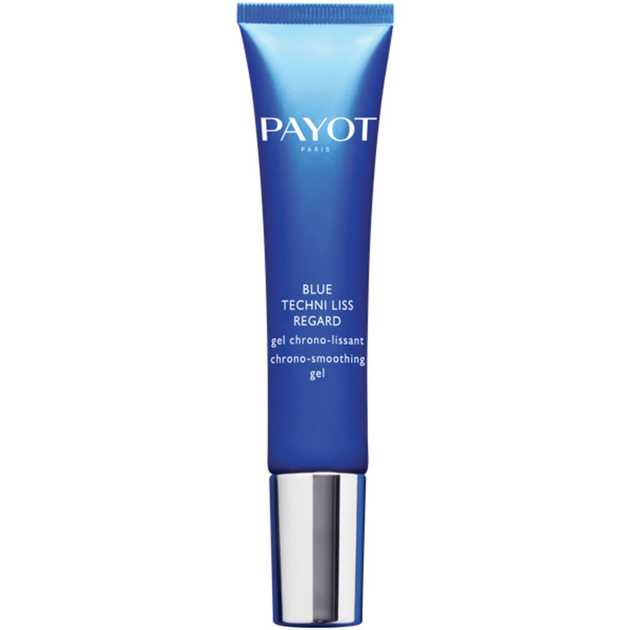 Blaue Tube mit silbernem Verschluss. Aufschrift: PAYOT, BLUE TECHNI LISS REGARD, chrono-smoothing gel.