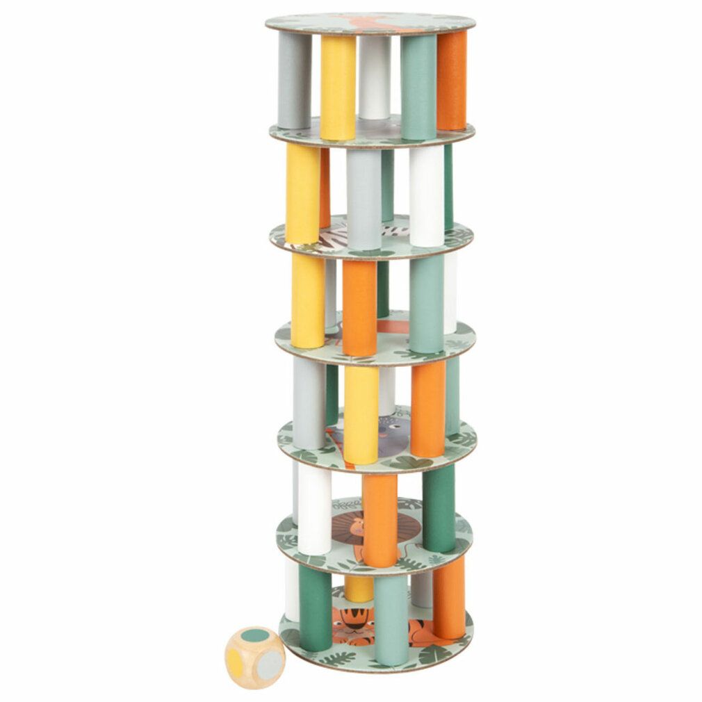 Wackelturm mit Tier-Motiven. Mehrfarbige Säulen, runde Etagen mit Tiermotiven. Würfel liegt daneben.