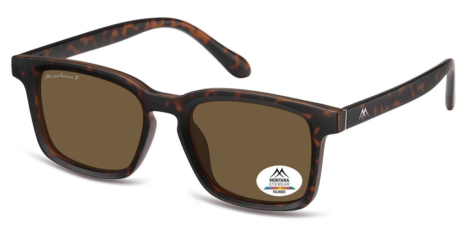 Sonnenbrille mit braunen Gläsern und braunem Rahmen. Auf dem rechten Glas befindet sich ein Aufkleber mit Logo und Schriftzug.
