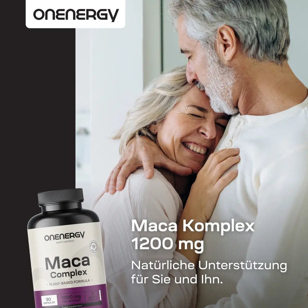Produktflasche "OnEnergy Maca Komplex" neben einem älteren Paar, das sich umarmt. Text: Natürliche Unterstützung für Sie und Ihn.