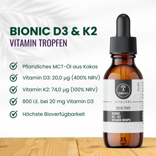 Produktflasche mit Tropfer, daneben Text und grüne Häkchen. Text: Bionic D3 & K2 Vitamin Tropfen, 20,0 µg Vitamin D3.