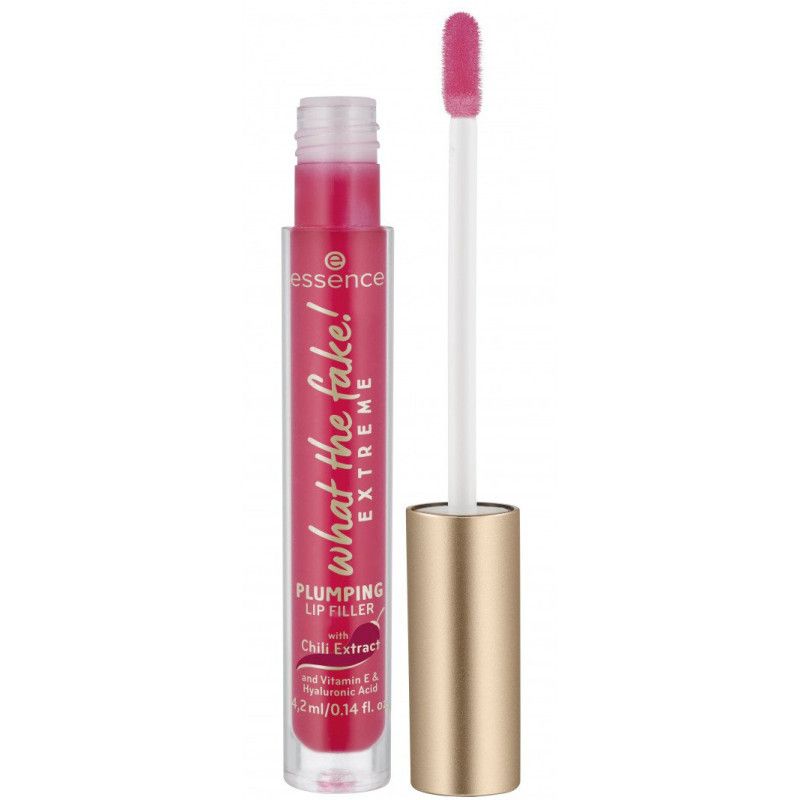 Essence What The Fake! Extreme Plumping Lip Filler mit goldenem Applikator und roter Beschriftung.