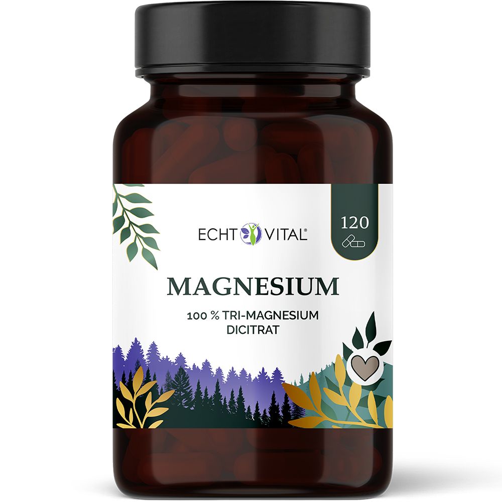 Braune Flasche mit Echt Vital Magnesium Kapseln. Enthält 120 Kapseln 100% Tri-Magnesium Ditrat.