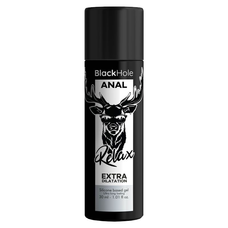 Schwarze Flasche mit Hirsch-Logo und der Aufschrift 'BlackHole ANAL Relax EXTRA DILATATION'.
