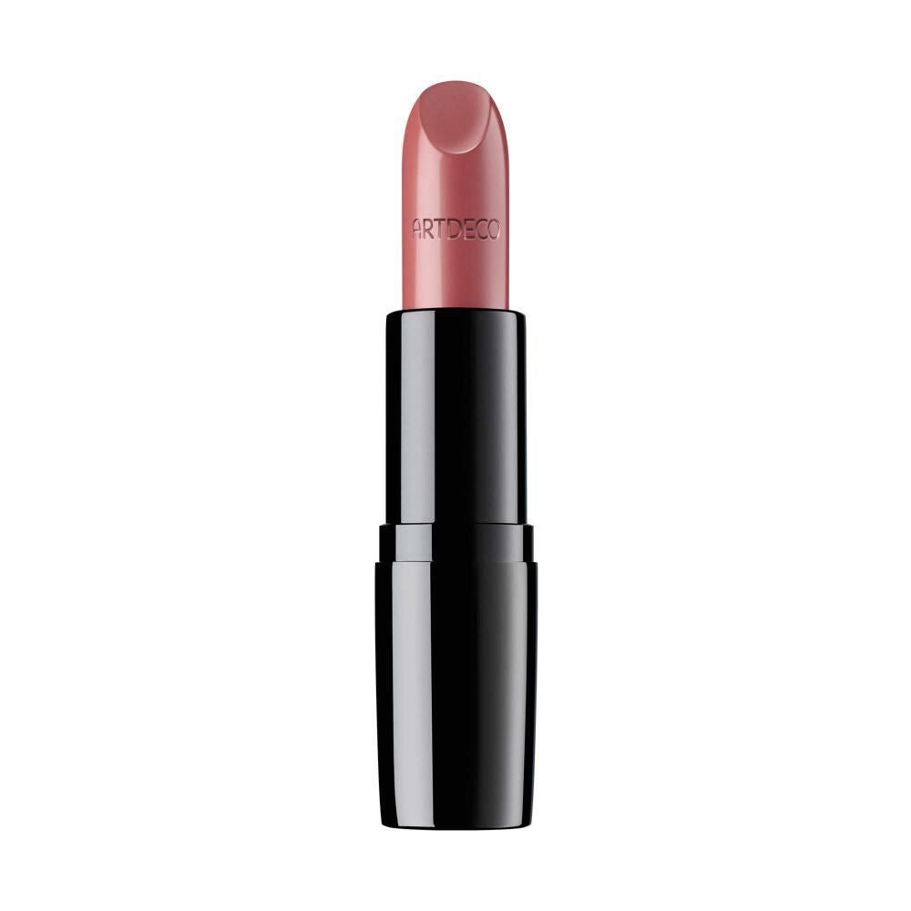 Rosafarbener Lippenstift. Schwarze Hülse, Produktname "ARTDECO" sichtbar.