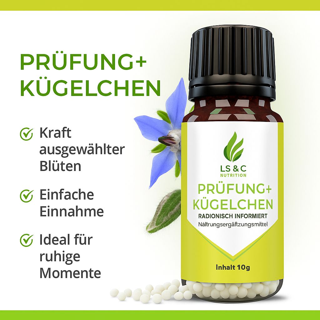 Braune Flasche "Prüfung+ Kügelchen" mit gelbem Etikett. Blaue Blume und Kügelchen daneben. "LS & C Nutrition" sichtbar.