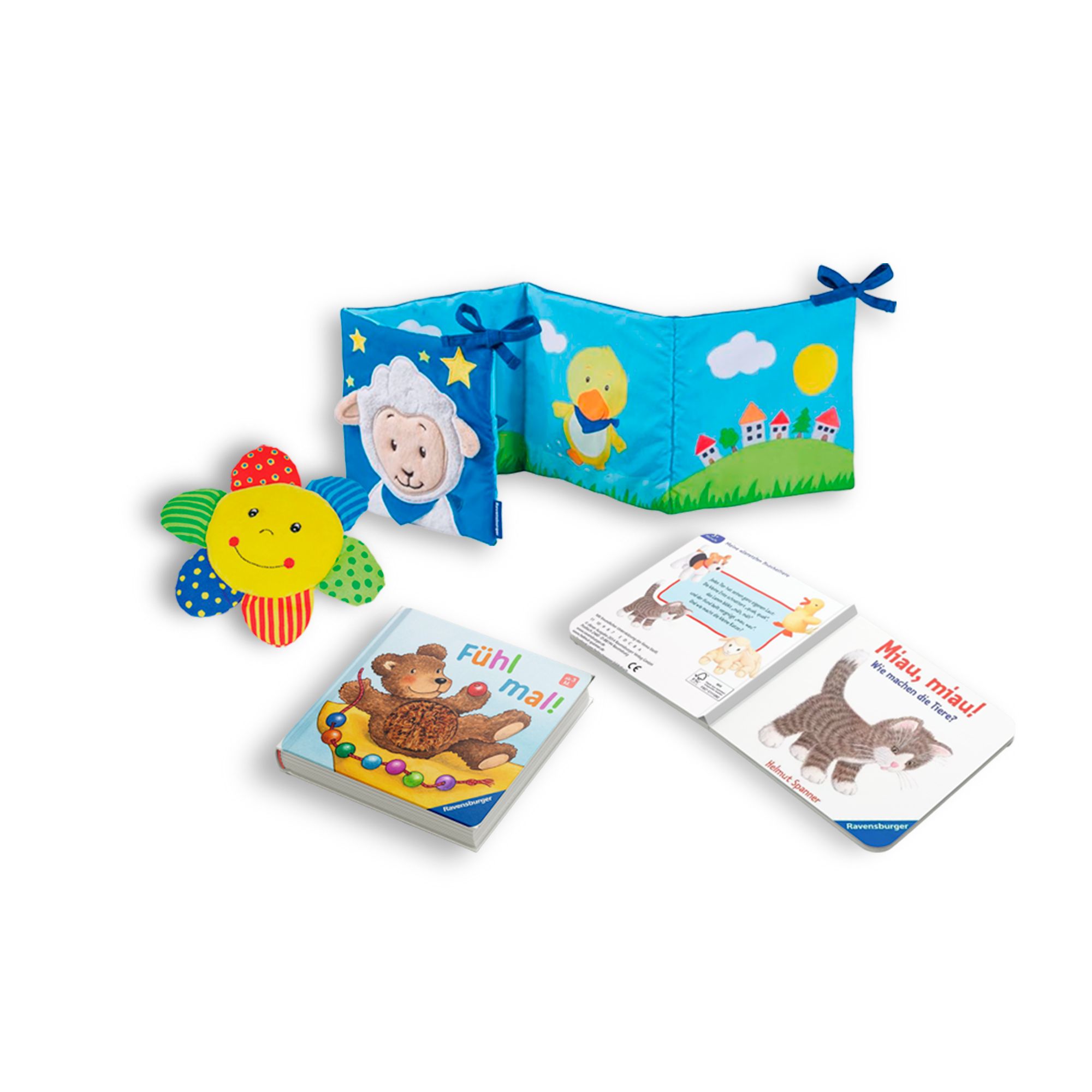 Set mit Stoffbuch, Karten und Spielzeug. Enthält ein Fühl mal! Buch und ein Sonnenblumen-Spielzeug.