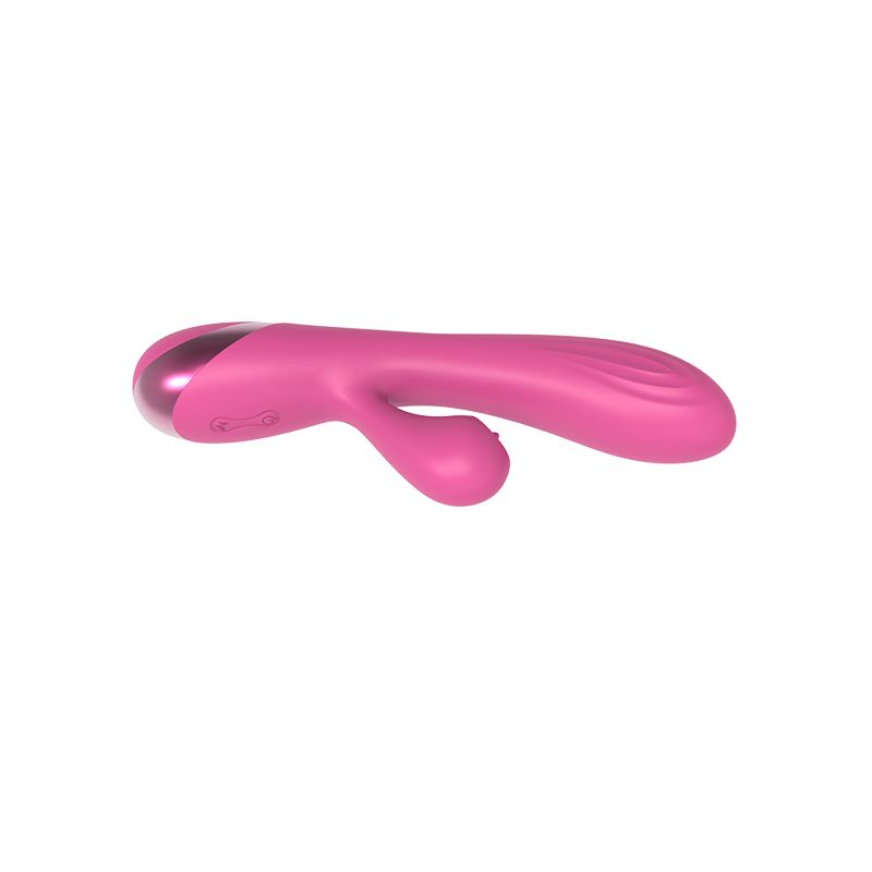 Rosa Vibrator mit G-Punkt- und Kaninchen-Design. Mit abgerundeter Spitze und einem kleineren, gebogenen Teil.