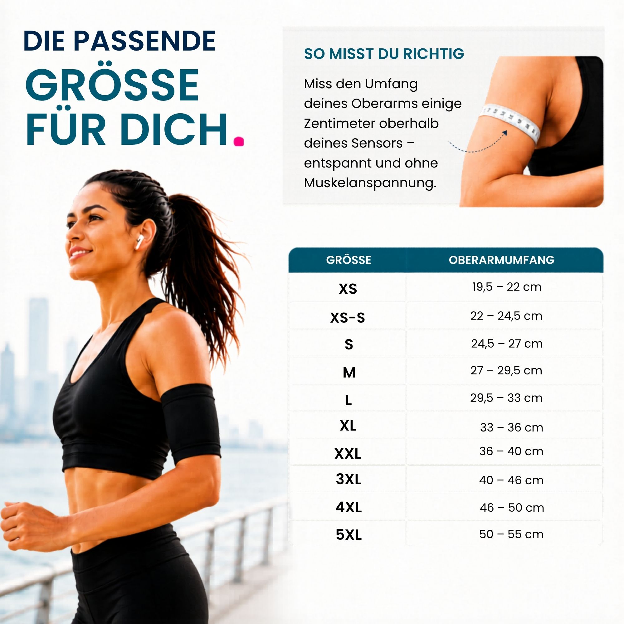 Werbebild mit Diasticker Armloop. Frau mit Armloop. Größentabelle. Text: Die passende Größe für dich.