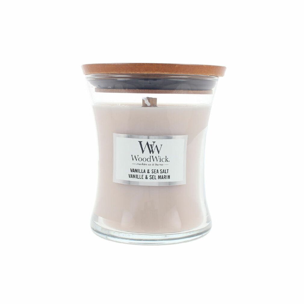 Sanduhrförmige Kerze mit Deckel. Aufkleber mit "WoodWick" und "Vanilla & Sea Salt".