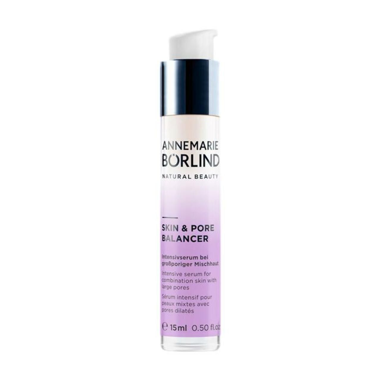 Serumflasche mit Pumpkopf. Aufschrift: SKIN & PORE BALANCER. Marke: ANNEMARIE BÖRLIND.