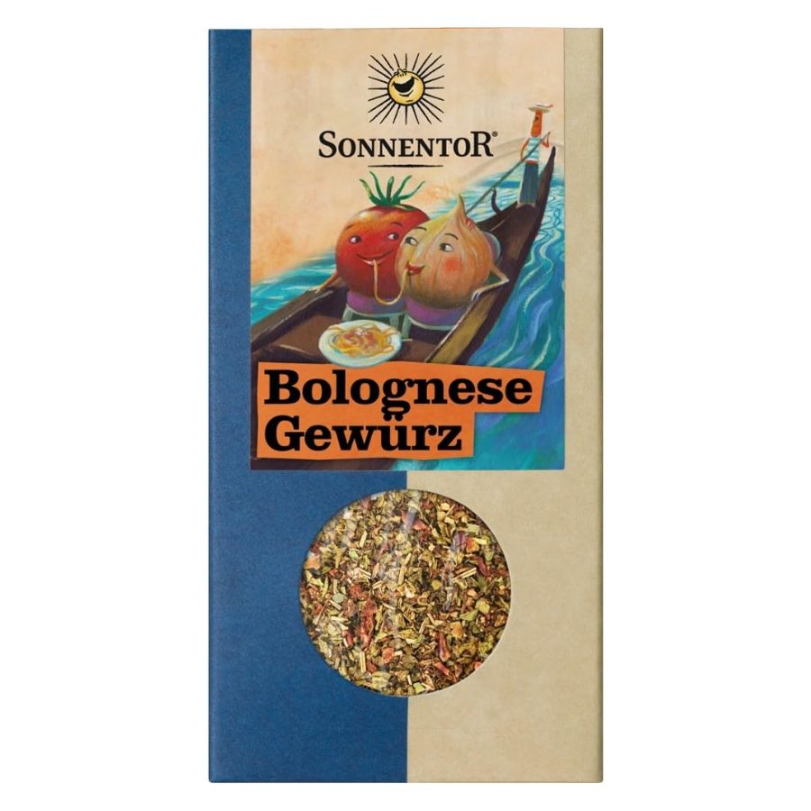 Verpackung mit Bolognese-Gewürz. Logo Sonnentor, Illustration mit Tomate und Zwiebel. Sichtfenster mit Gewürzmischung.