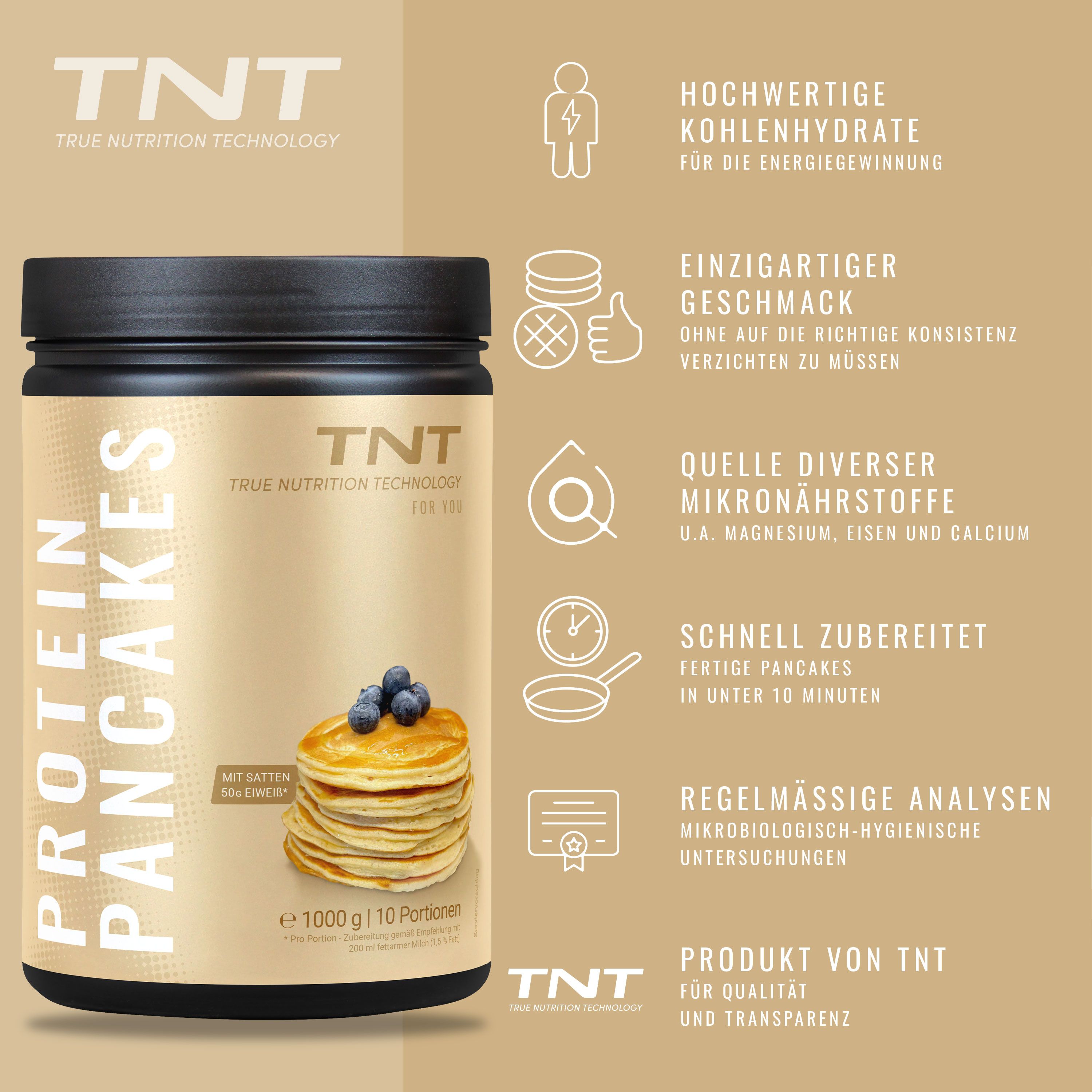 Dose TNT Protein Pancakes. Aufdruck: Protein Pancakes, True Nutrition Technology. Abbildung: Pancakes mit Blaubeeren. Text: 1000g, 10 Portionen.