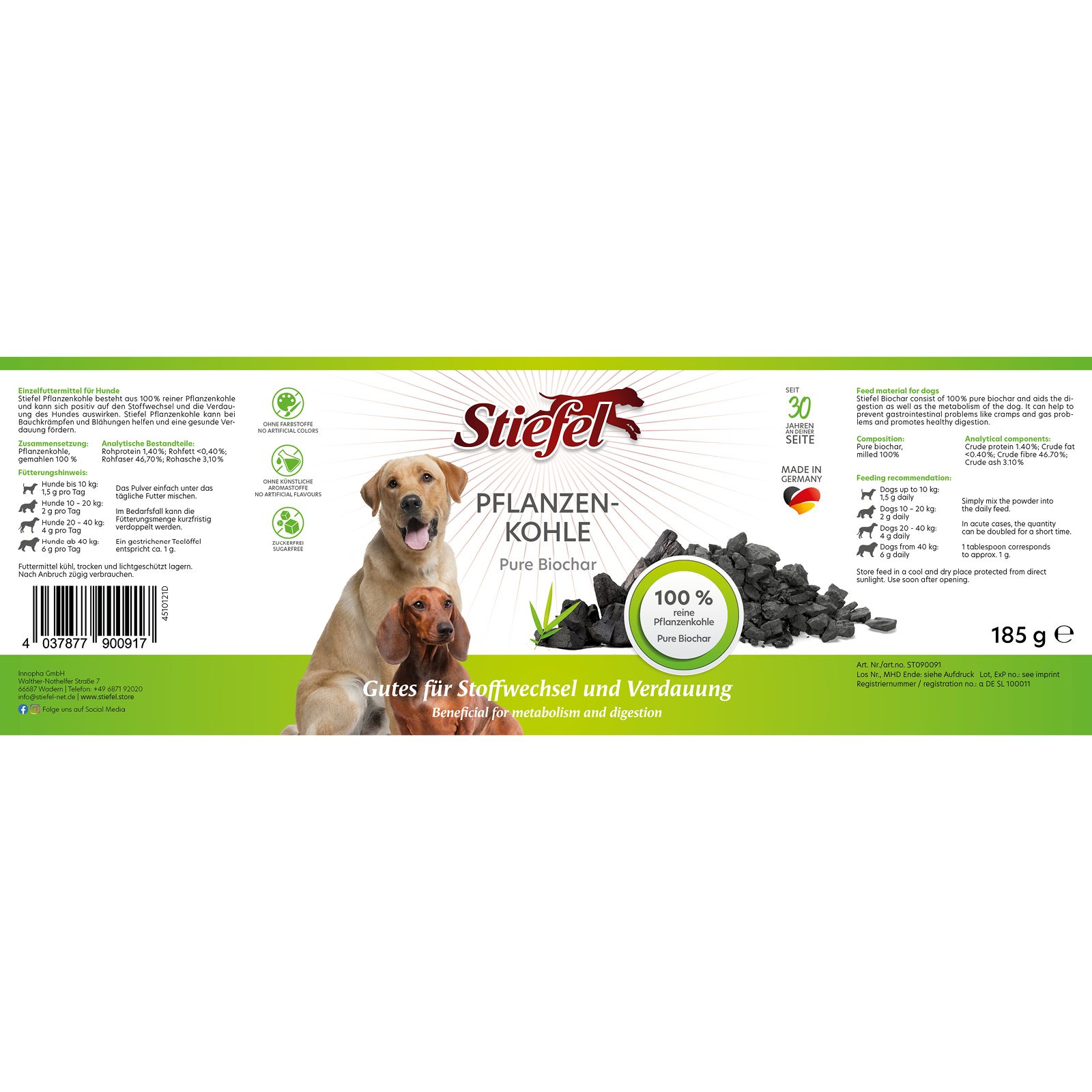 Etikett mit Produktnamen Stiefel Pflanzenkohle, Hundeabbildung, Produktinformationen, 185 g, 100% Pflanzenkohle, Gut für Stoffwechsel und Verdauung.