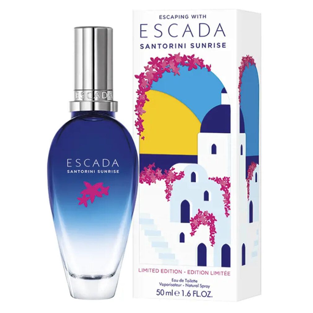 Flakon und Verpackung. Flakon blau-weiß, silberner Verschluss. Verpackung weiß mit Illustrationen. Aufschrift: ESCADA SANTORINI SUNRISE.