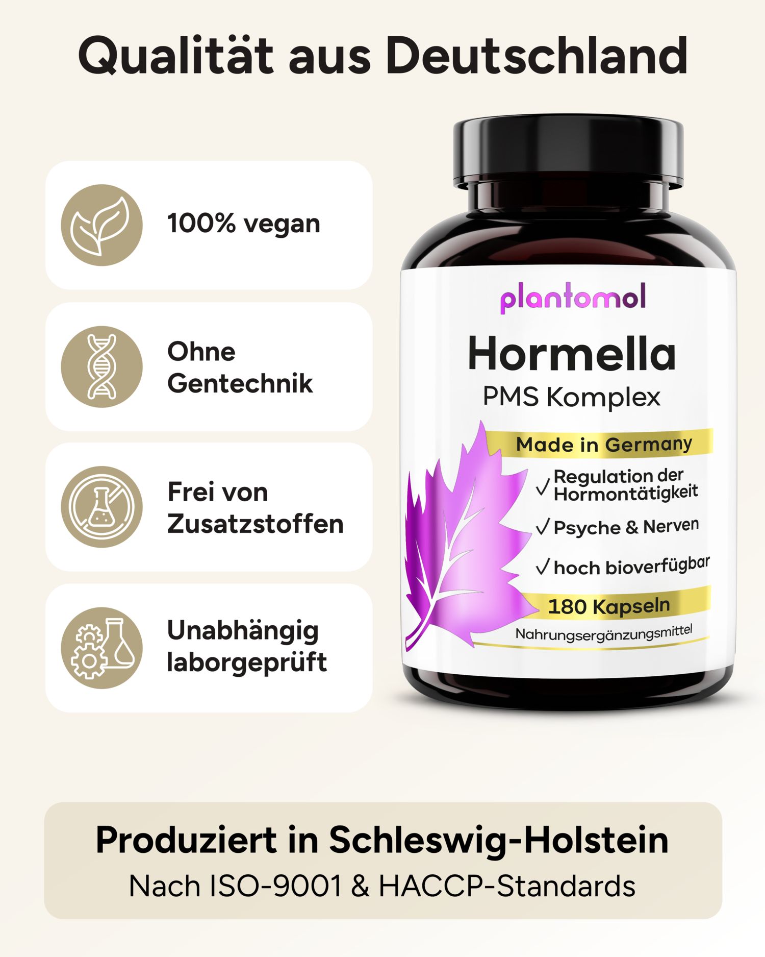 Braune Flasche mit weißem Etikett. Aufschrift: plantomol Hormella PMS Komplex. 100% vegan, ohne Gentechnik.