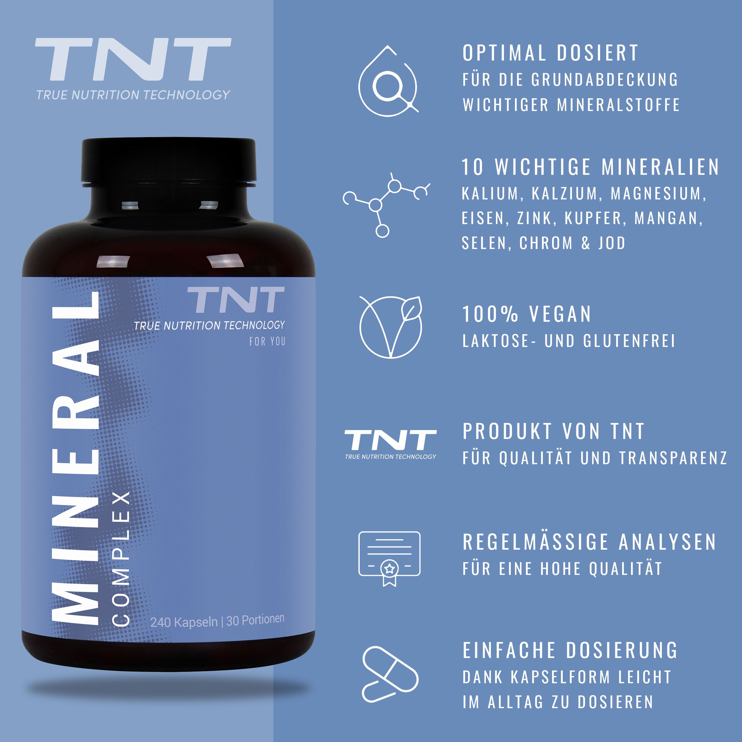 Braune Flasche mit blauem Etikett. Aufschrift: MINERAL COMPLEX, TNT. Enthält 240 Kapseln. Zusätzliche Informationen.