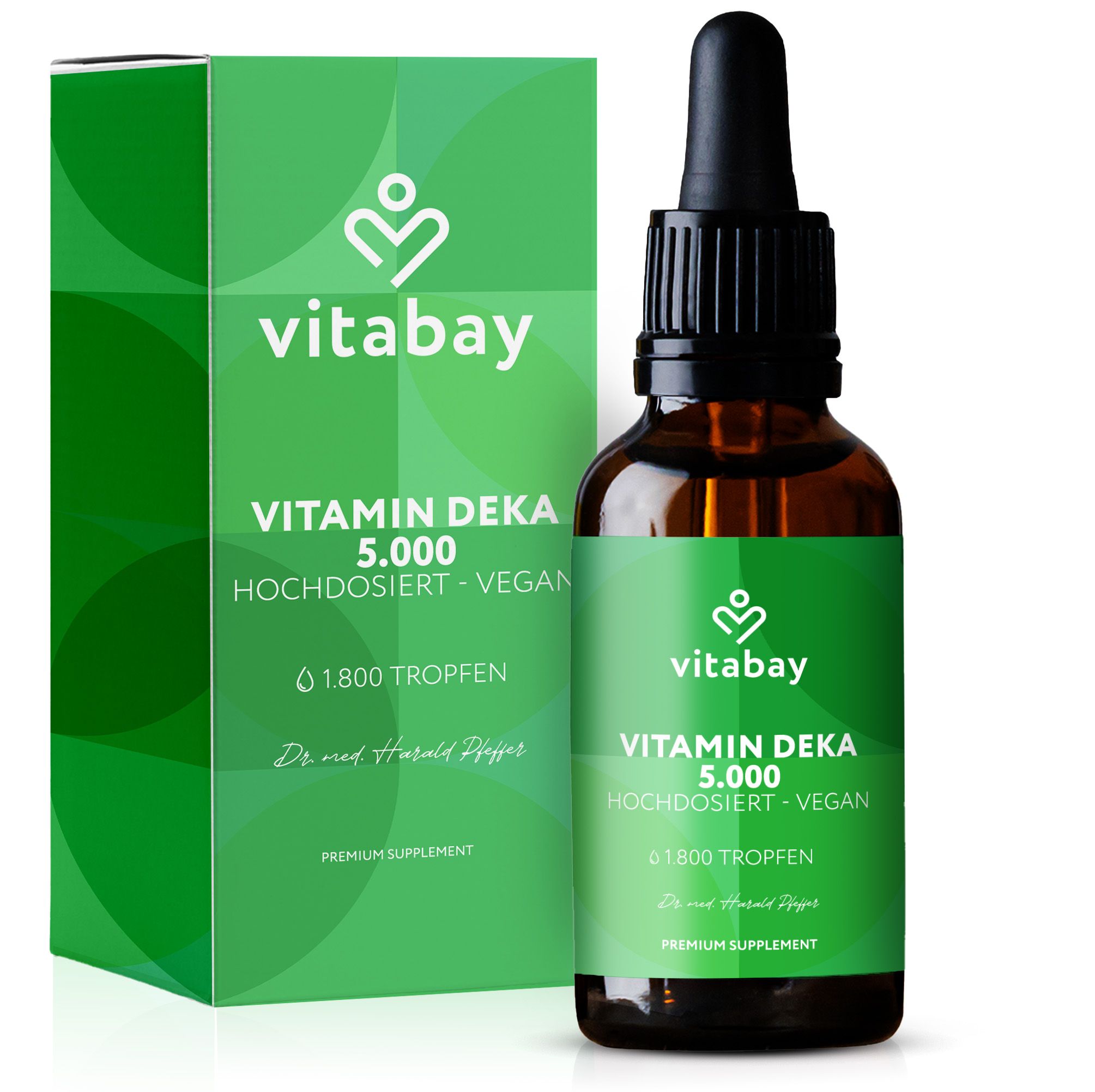 Produkt Vitamin Deka 5.000 und Verpackung. 1.800 Tropfen. Marke: Vitabay. Premium Supplement. Vegan. Dr. med. Harald Pfeffer.
