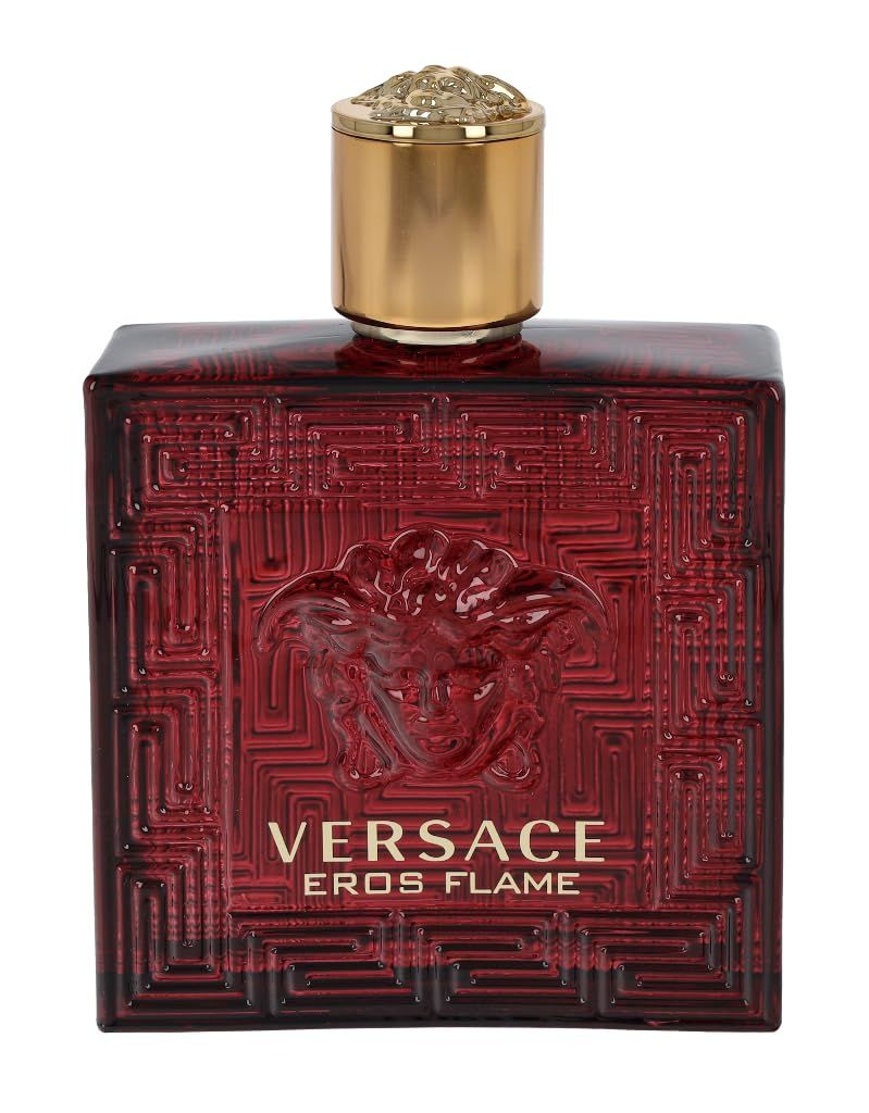 Rote Glasflasche mit goldenem Deckel. Geprägtes Versace-Logo und Schriftzug "Eros Flame".