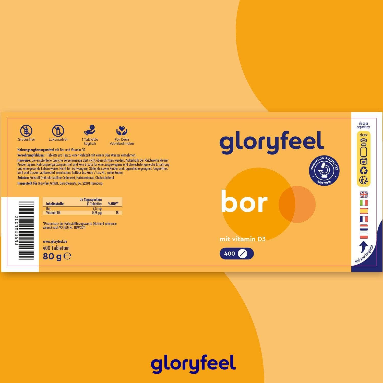 Gelbes Etikett mit Produktinformationen. Aufschrift: gloryfeel, bor, mit Vitamin D3, 400 Tabletten, 80 g. Logos.