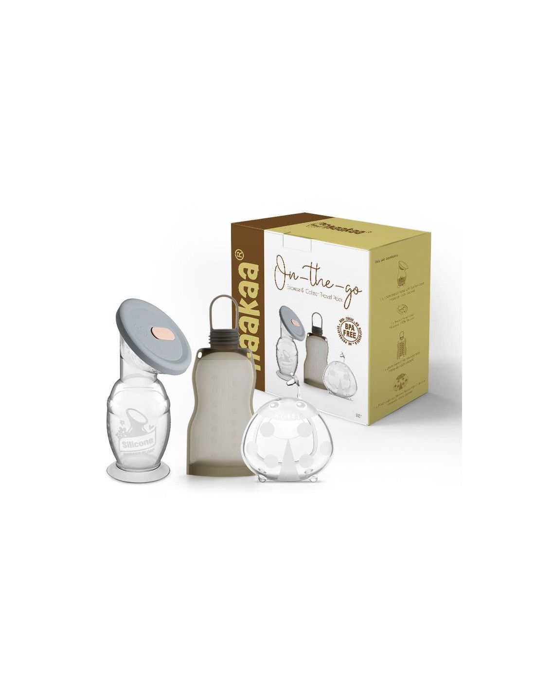 Produkt-Set mit Verpackung. Enthält Milchpumpe, Beutel und Behälter. Verpackung mit Produktabbildung und Text.