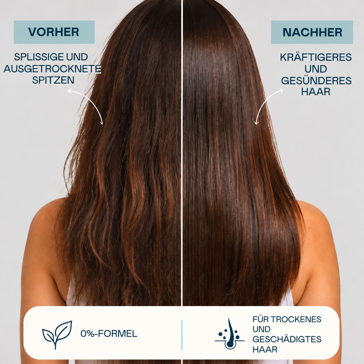 Vorher/Nachher-Vergleich von Haaren, die mit Valquer Total Repair Shampoo behandelt wurden.